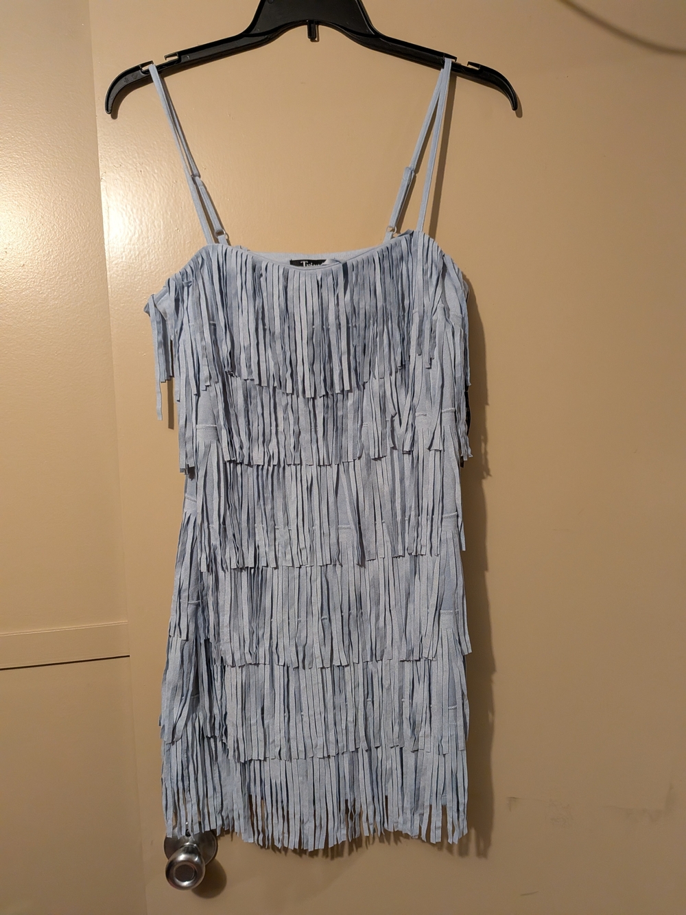 Trixxi Light Blue Fringe Spaghetti Strap Mini Dress